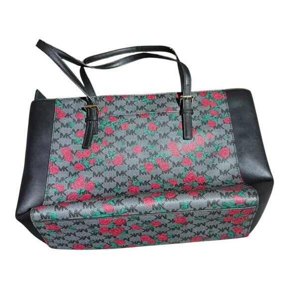 Michael Kors Tote Bag Black Rose Floral MK Monogram Satchel Handbag Purse - Picture 5 of 12